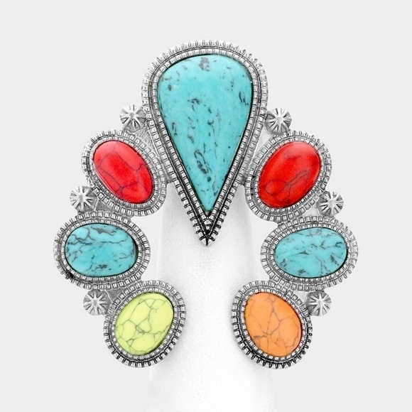 NEW Bohemian Statement Turquoise Multicolor Stone Silver Ring Adjustable - Picture 1 of 8